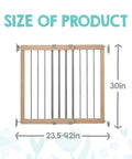 Wooden Baby Gate 23.5 To 42 Inches Walk Through Stair Gate with sizing graphic showing 30 inches tall, expands 23.5-42 inches wide.