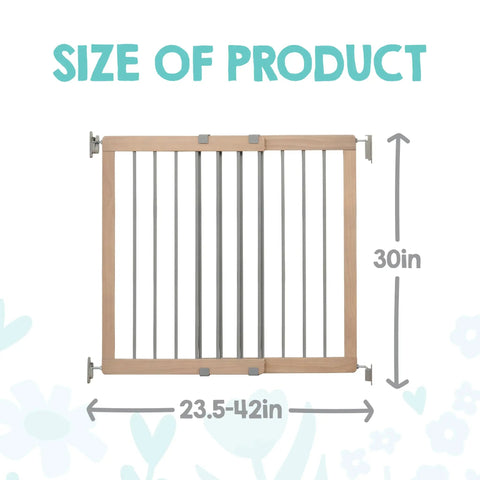 Wooden Baby Gate 23.5 To 42 Inches Walk Through Stair Gate with sizing graphic showing 30 inches tall, expands 23.5-42 inches wide.