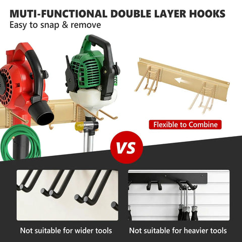 Comparison of 33 Inch Wall Mounted Garage Tool Rack With 2 Panels And 6 Heavy Duty Hooks vs other storage options.