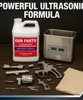 Heavy Duty Ultrasonic Gun Cleaning Fluid One Gallon Pro Strength Mixes Into Eight Gallons with cleaning parts and machine.