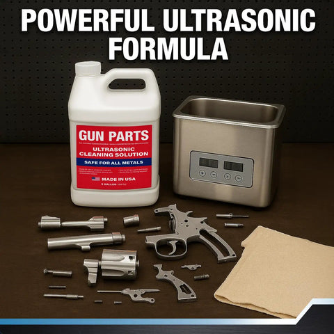 Heavy Duty Ultrasonic Gun Cleaning Fluid One Gallon Pro Strength Mixes Into Eight Gallons with cleaning parts and machine.