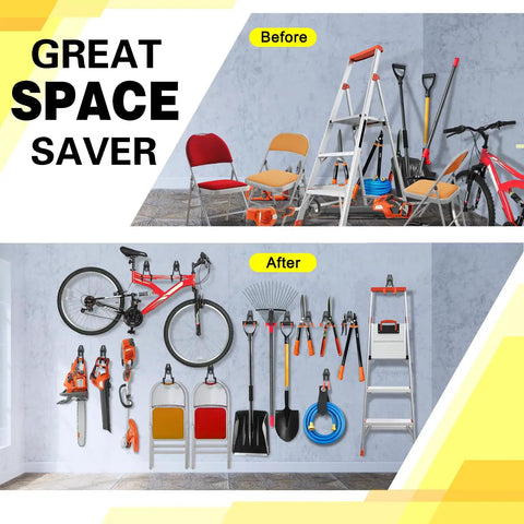 Beefy Heavy Duty Garage Hook Set 2 Pack Wall Mount Tool Hangers showing organized storage of tools and bike on a wall.