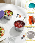Six Pack 8oz Stainless Steel Snack Containers For Kids With Silicone Lids, shown holding fruit and jam on a table