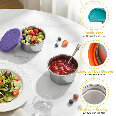 Six Pack 8oz Stainless Steel Snack Containers For Kids With Silicone Lids, shown holding fruit and jam on a table