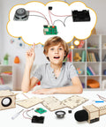 Karaoke STEM Kit For Kids 8 12 Build Your Own Bluetooth Speaker And Microphone DIY Electronics Toy For Boys And Girls Hands On Science Fun Learn By Making A Mini Karaoke Machine Great Birthday Gift 9 10 11 12, child with speaker and mic parts