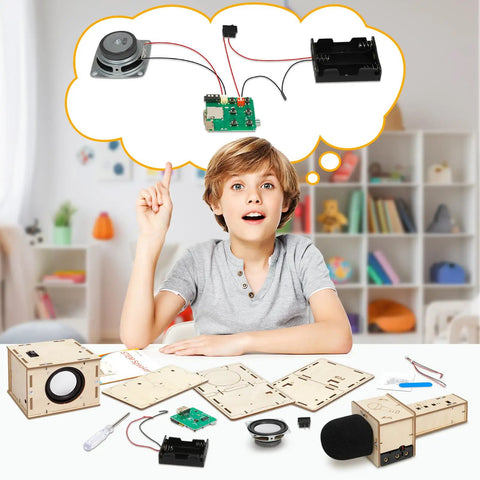 Karaoke STEM Kit For Kids 8 12 Build Your Own Bluetooth Speaker And Microphone DIY Electronics Toy For Boys And Girls Hands On Science Fun Learn By Making A Mini Karaoke Machine Great Birthday Gift 9 10 11 12, child with speaker and mic parts
