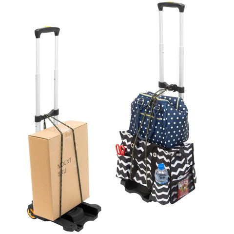 Foldable Luggage Cart With Wheels Lightweight Steel Frame Carries Up To 77 Pounds loaded with boxes and bags.