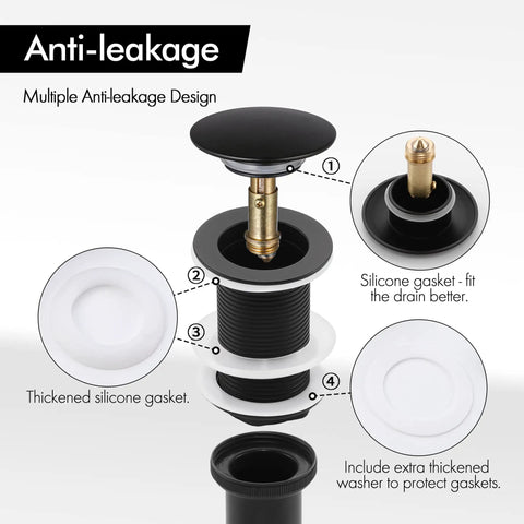 Matt Black Pop Up Sink Drain No Overflow All Metal Rustproof Brass And 304 Stainless Steel Durable Pop Up Drain Stopper showing anti-leakage design and gaskets.