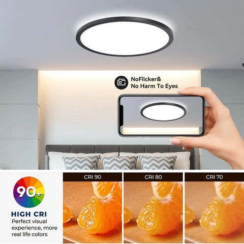 Six Pack 9 Inch LED Flush Mount Ceiling Lights 2880 Lumens Bright As Day 24W Day White 5000K 120V Slim Black Surface Mount Fixture For Kitchen Bedroom Living Room Any Room displayed in living room setting, showcasing high CRI.