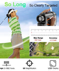 Golfer swinging on course with Game Changer Golf Rangefinder With Slope Compensation, 1800 Yard Laser, and info graphics.