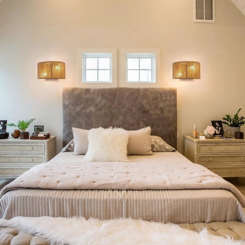 Bedroom with Rattan Wall Sconce Boho Light Fixture Hand Woven Hemp Rope Sconce Lighting illuminating a cozy modern vintage vibe