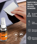 Front view of anti-fog glasses cleaner spray bottle beside a microfiber cloth wiping eyeglasses.