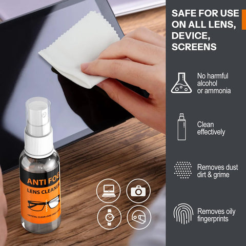 Front view of anti-fog glasses cleaner spray bottle beside a microfiber cloth wiping eyeglasses.