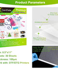 Packaging and features of Colorful Glitter DTF Transfer Film Set Eight Point Five By Eleven Inches 30 Sheets for Sublimation Direct To Film Printing on Light and Dark T Shirts Textiles with Hot And Cold Peel and Easy Application.