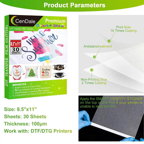 Packaging and features of Colorful Glitter DTF Transfer Film Set Eight Point Five By Eleven Inches 30 Sheets for Sublimation Direct To Film Printing on Light and Dark T Shirts Textiles with Hot And Cold Peel and Easy Application.