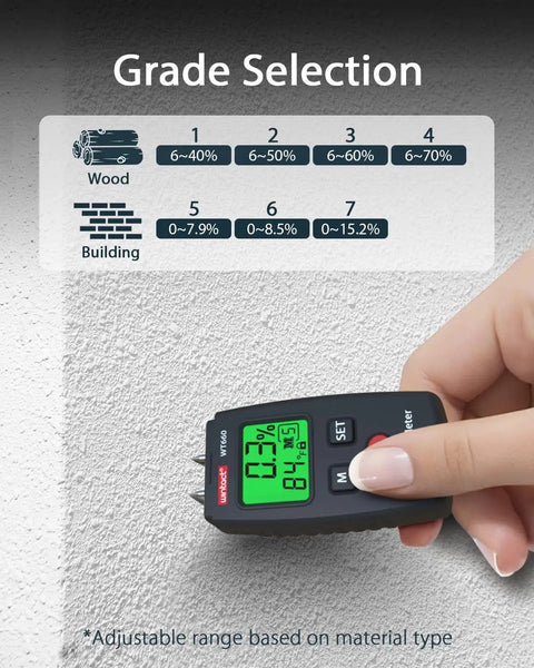 Pin Type Moisture Meter Pocket Tester For Wood And Building Materials, Quick Accurate Readings In Seconds, 0 To 70 Percent Wood Range And 0 To 15.2 Percent Materials Range, Two Percent Accuracy, One Tenth Percent Resolution, 0.38 Inch Probes showing grade selection chart
