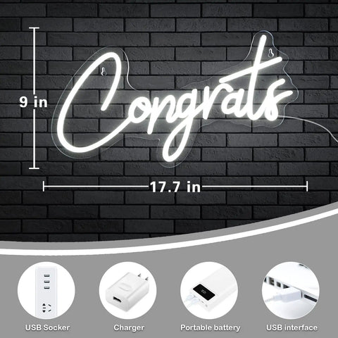 White Congrats Neon Sign Dimmable LED Wall Art For Graduation Party And Wedding Backdrop 17.7 By 9 Inches on brick wall