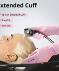 Top Shelf Disposable Nitrile Dish Gloves With Extended 12 Inch Cuff, 6 Mil Thick Guard, Cherry Blossom Print, Latex Free, Straight Up Reliable For Deep Cleaning And Hair Dye, Box Of 100 used while washing hair in salon.