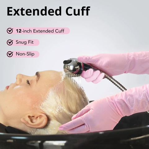 Top Shelf Disposable Nitrile Dish Gloves With Extended 12 Inch Cuff, 6 Mil Thick Guard, Cherry Blossom Print, Latex Free, Straight Up Reliable For Deep Cleaning And Hair Dye, Box Of 100 used while washing hair in salon.