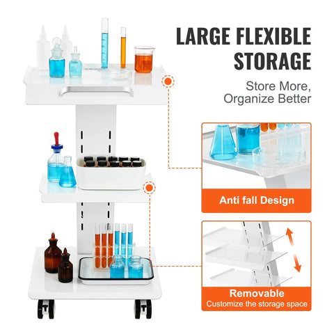Rolling Lab Cart With Built In Socket 3 Tier Metal Trolley On Swivel Wheels Heavy Duty Lab Organizer for lab storage with bottles.