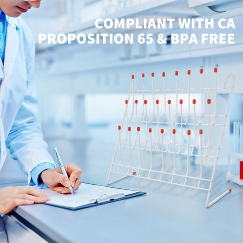 Compact Lab Glassware Drying Rack For Beakers And Flasks lightweight white steel design in laboratory setting with scientist writing.