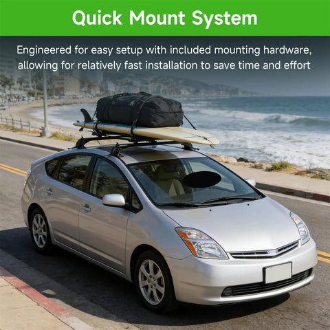 Universal 43.3 Inch Black Roof Rack Cross Bars For SUVs And Crossovers installed on car carrying surfboards and luggage