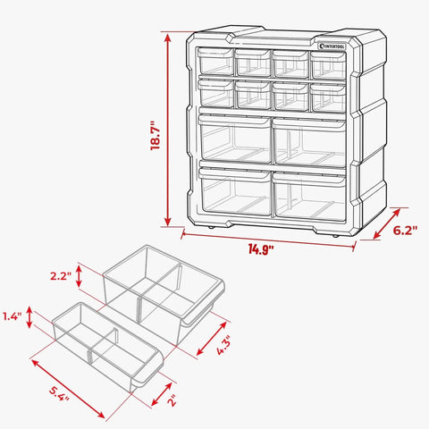 Diagram of Removable Bin Drawer Small Parts Organizer With 12 Compartments A Handy Storage Box with dimensions