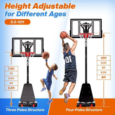 Outdoor Adjustable Basketball Hoop With 40 44 48 Inch Backboards 5.3 To 10 Ft Height Portable Wheels, adjustable height display