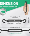 Dimensions and size guide of 2 Pack M8 Hook and Hook Turnbuckle 304 Stainless Steel Heavy Duty Wire Rope Tensioner