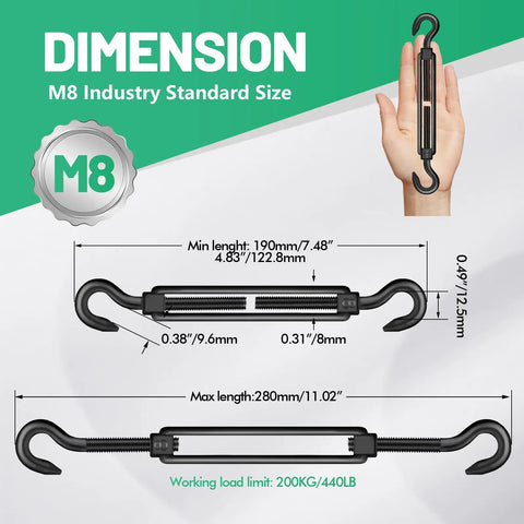Dimensions and size guide of 2 Pack M8 Hook and Hook Turnbuckle 304 Stainless Steel Heavy Duty Wire Rope Tensioner