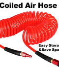 Heavy Duty Polyurethane Recoil Air Hose 1/4 Inch By 50 Feet lightweight flexible hose coiled for easy storage with quick connect ends.