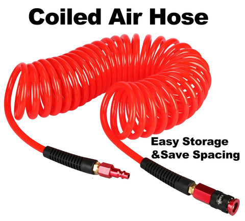 Heavy Duty Polyurethane Recoil Air Hose 1/4 Inch By 50 Feet lightweight flexible hose coiled for easy storage with quick connect ends.