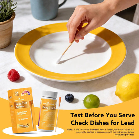 Person using Lead Test Kit For Home Surfaces With 30 Rapid Swabs And 30 Second Results A Fast Lead Screen on a yellow-rimmed dish