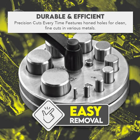 10 Piece Precision Locking Disc Cutter Set With Lever Separator for Metal Crafting, showing stainless steel discs and lever.