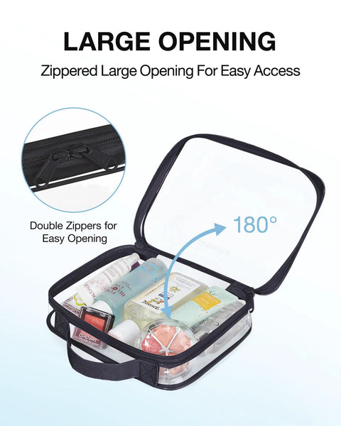 Clear TSA Approved Travel Toiletry Bags Set Of Two With Water Resistant Design open with visible contents and double zippers