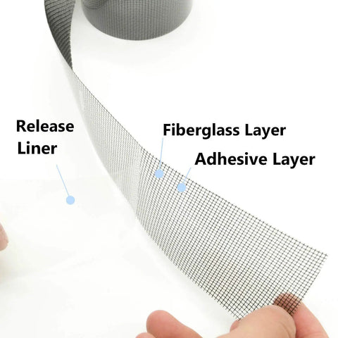 Close-up of 2 Inch By 140 Inch Screen Repair Kit with fiberglass and adhesive layers for door and window screens.
