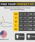 Size chart for Two Pack Elbow Compression Sleeve For Tendonitis And Tennis Elbow Relief, showing XS to XL measurements in inches and cm