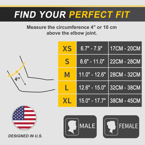 Size chart for Two Pack Elbow Compression Sleeve For Tendonitis And Tennis Elbow Relief, showing XS to XL measurements in inches and cm
