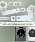 Front and back view of Durable Dryer Idler Pulley With Bracket Replacement Part For Whirlpool And Kenmore. Shown with compatibility list and dryer images.