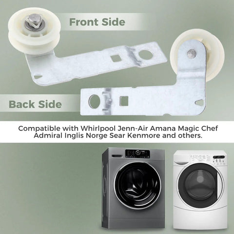 Front and back view of Durable Dryer Idler Pulley With Bracket Replacement Part For Whirlpool And Kenmore. Shown with compatibility list and dryer images.