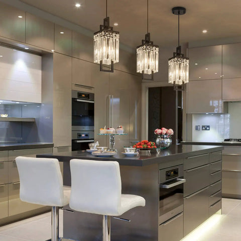 Modern Black Pendant Light Fixtures Set For Kitchen Island And Dining Room Dope Sleek Industrial Small Hanging Crystal Chandeliers 3 Pack For Bedroom Entryway Living Room Foyer Hallway in contemporary kitchen