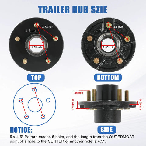 Diagram of Trailer Hub Kit Beefed-Up 5 Bolt 4.5 Inch 3500 Lb Idler Wheel With L68149 L44649 Bearings, top and side views