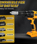 Daspom Cordless Pop Rivet Gun With Brushless Motor showing compatibility for 20V batteries, sleek design for DIY projects.