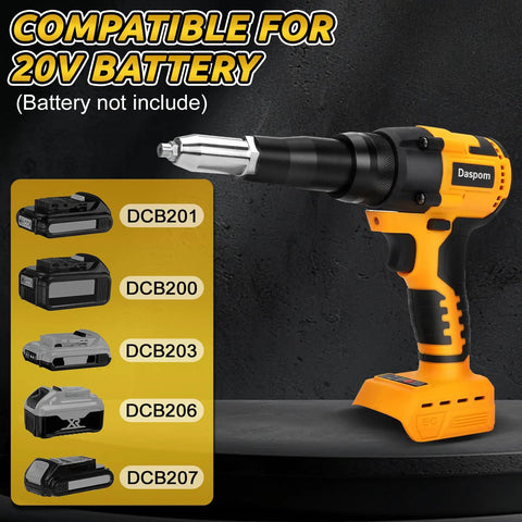 Daspom Cordless Pop Rivet Gun With Brushless Motor showing compatibility for 20V batteries, sleek design for DIY projects.