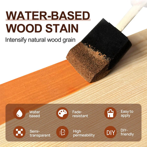 Top Shelf Water Based Wood Stain In Rich Teak Tone being applied with foam brush for easy wood furniture touch-ups.