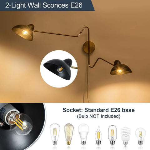 2 light wall sconces E26 black swing arm dual lamps with plug-in design and rotatable shades for bedrooms and living rooms