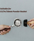 Hands holding 58mm Portafilter Cleaning Brush For Espresso Machines Pro Barista Tool With Arc Bristle Design.