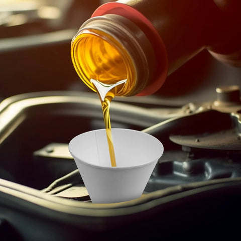 Disposable Engine Oil Funnels Set For Quick Oil Changes Paper Car Oil Change Funnels in use with oil pouring into funnel