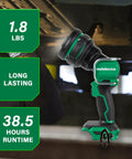 18V MultiVolt Cordless LED Torch Flashlight With 7 Position Adjustable Head And 5 Position Up Down Tilt Four Brightness Modes Tool Only No Battery UB18DJL No Brainer Light For Any Job shown in workshop with runtime details