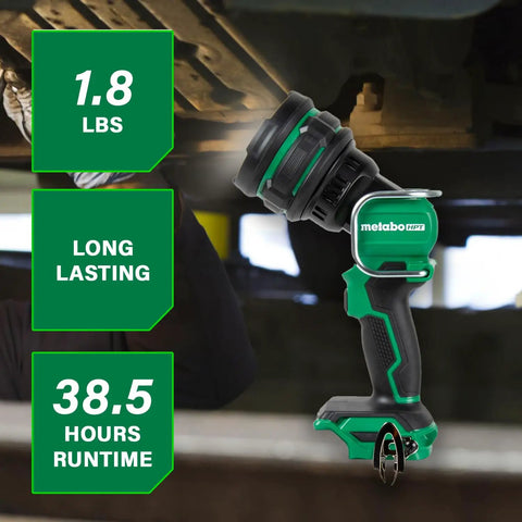 18V MultiVolt Cordless LED Torch Flashlight With 7 Position Adjustable Head And 5 Position Up Down Tilt Four Brightness Modes Tool Only No Battery UB18DJL No Brainer Light For Any Job shown in workshop with runtime details